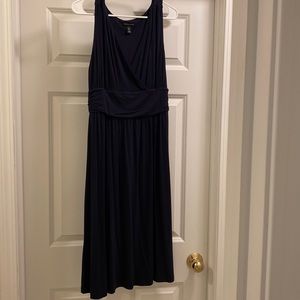 Midi length navy v neck dress
